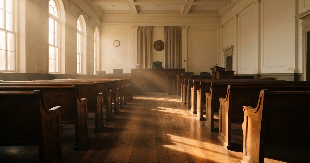 An empty courtroom with wooden benches in morning light
