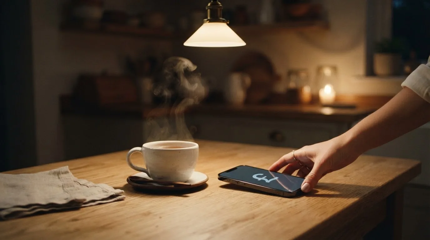 A hand setting a smartphone down beside a cup of tea on a kitchen table on a quiet evening