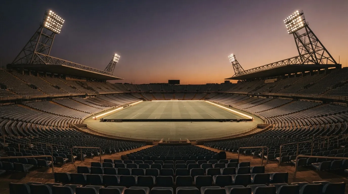 An empty football stadium with floodlight masts at dusk