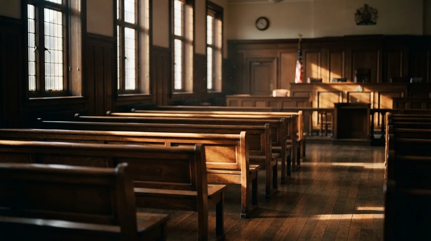 An empty courtroom with wooden benches in morning light