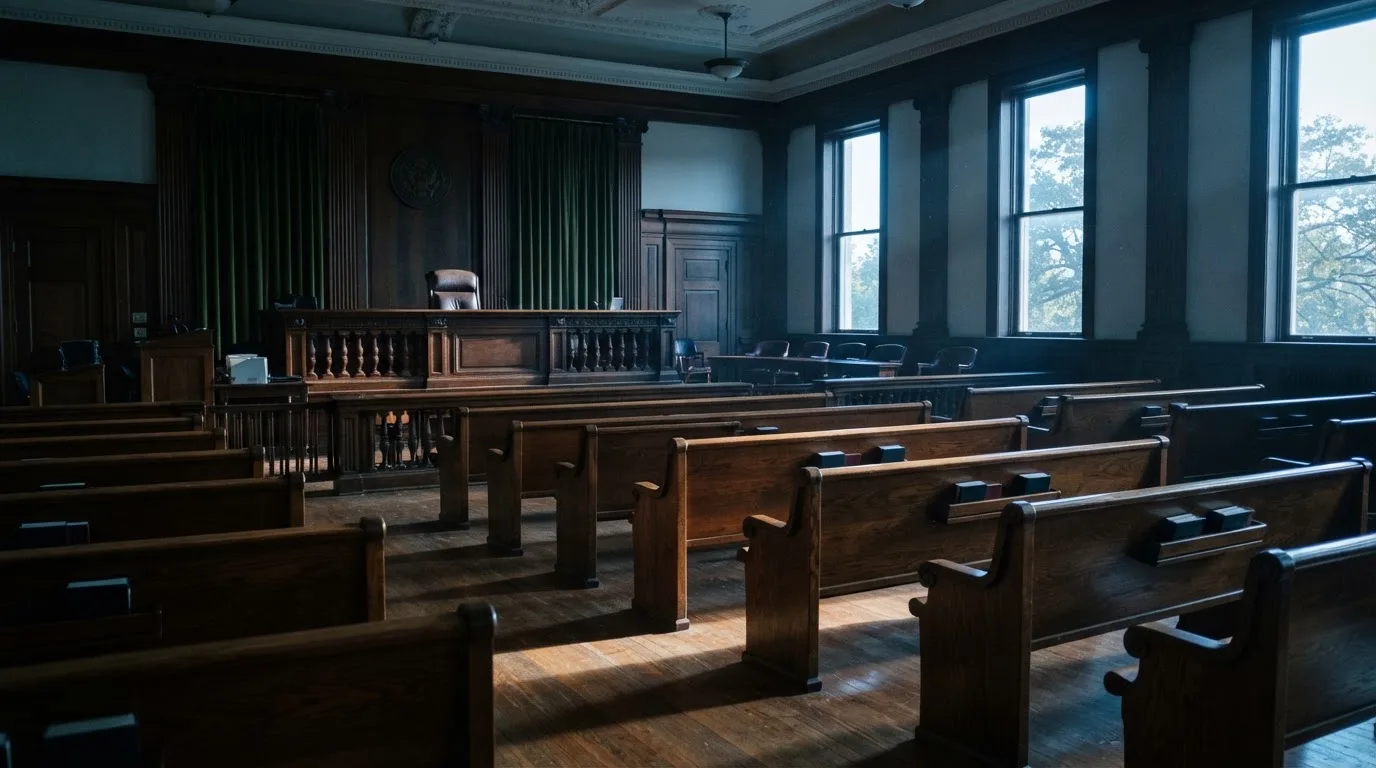 An empty courtroom with wooden benches in morning light