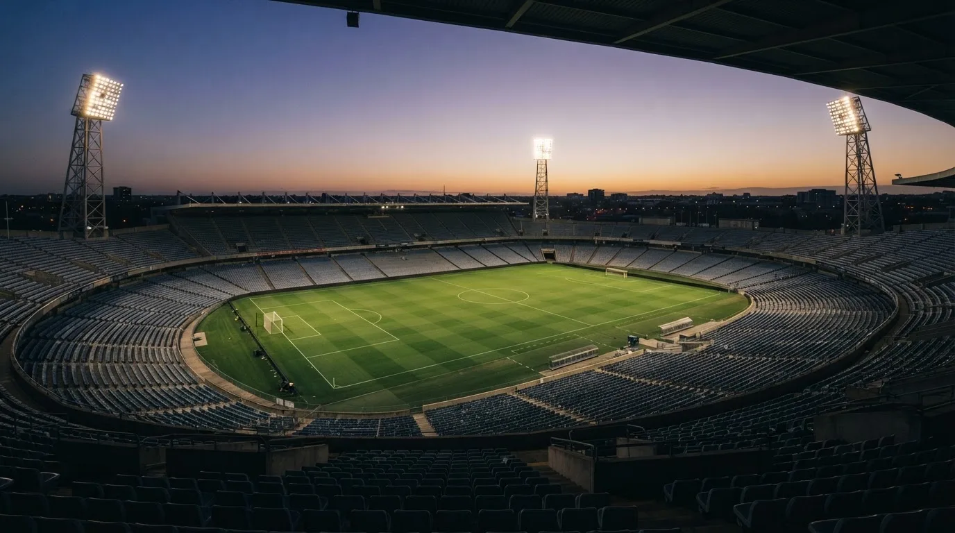 An empty football stadium with floodlight masts at dusk