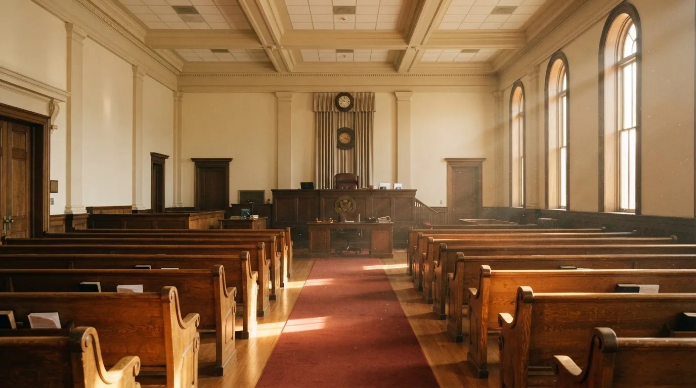 An empty courtroom with wooden benches in morning light