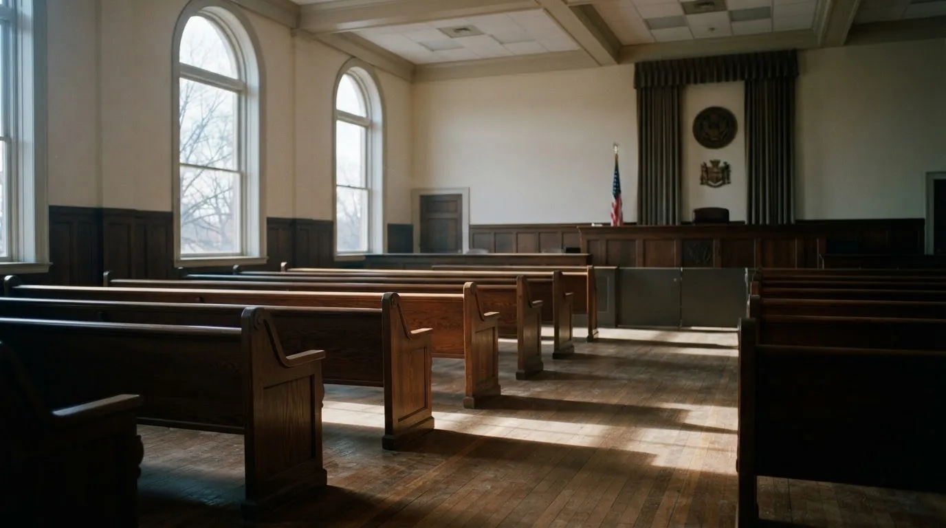 An empty courtroom with wooden benches in morning light