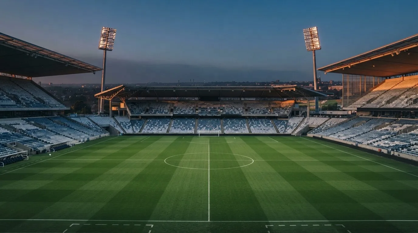 An empty football stadium with floodlight masts at dusk