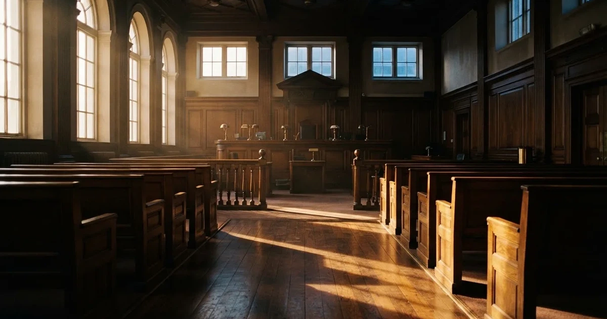 An empty courtroom with wooden benches in morning light