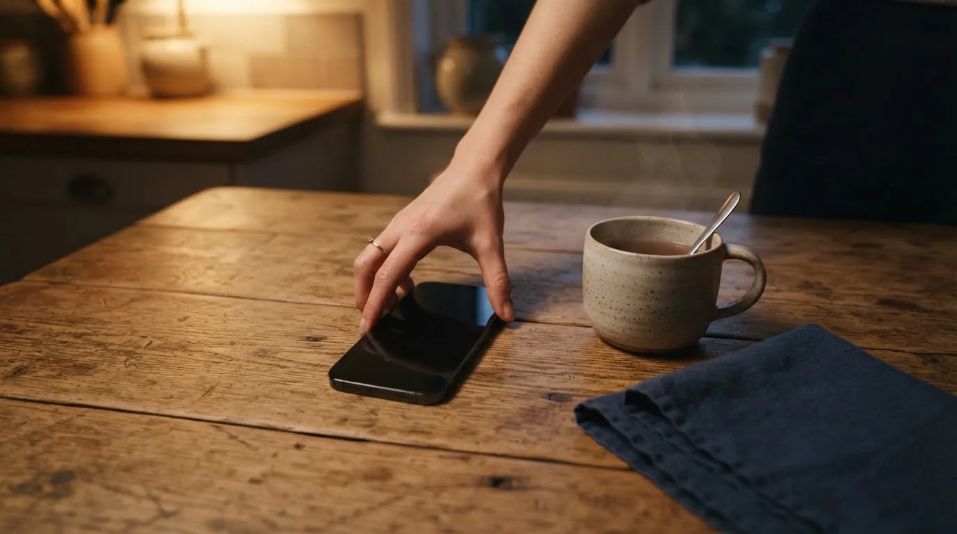 A hand setting a smartphone down beside a cup of tea on a kitchen table on a quiet evening