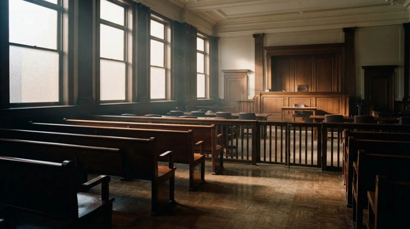 An empty courtroom with wooden benches in morning light