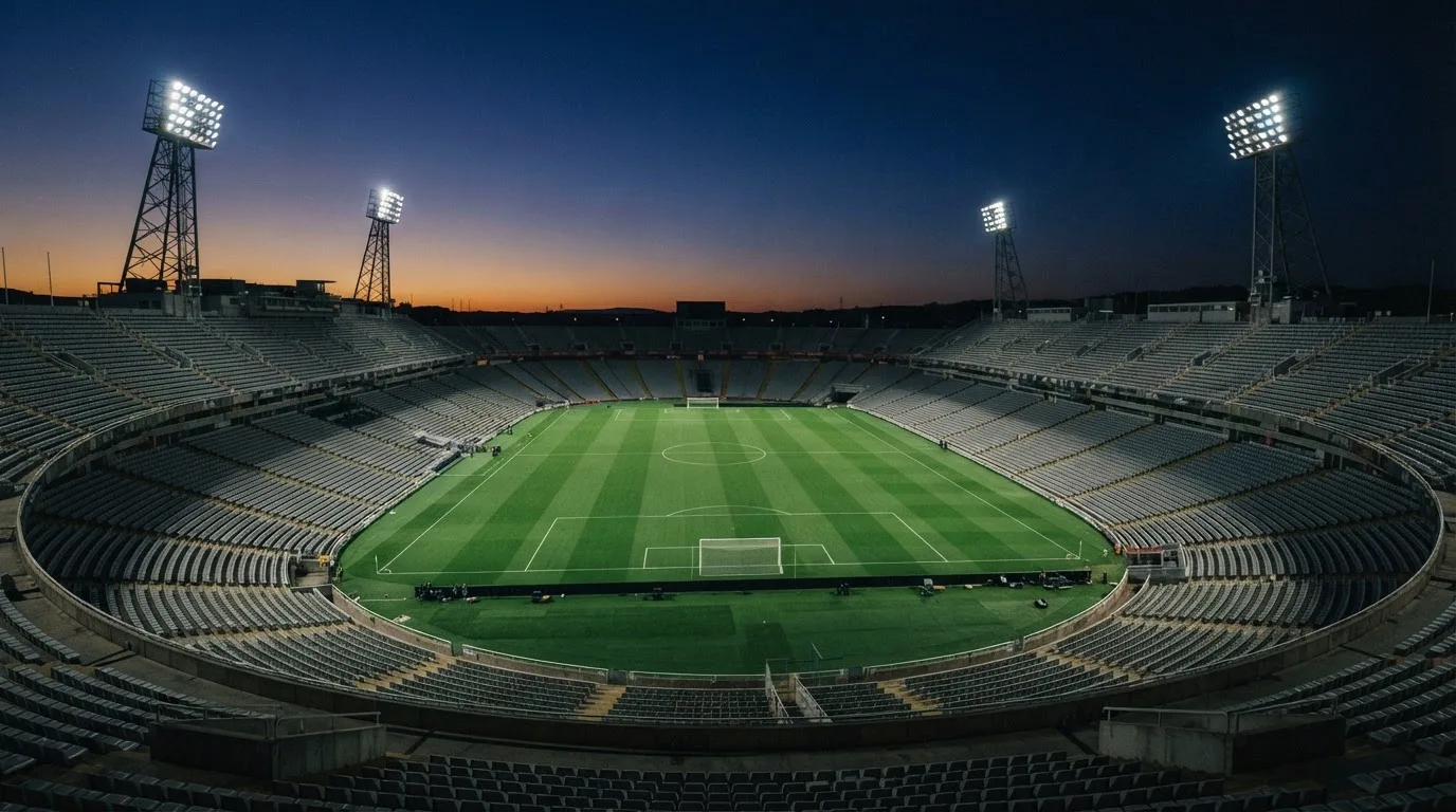 An empty football stadium with floodlight masts at dusk