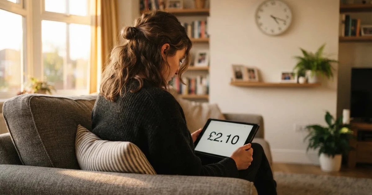 A person on a sofa looking thoughtfully at a tablet, a wall clock in the background