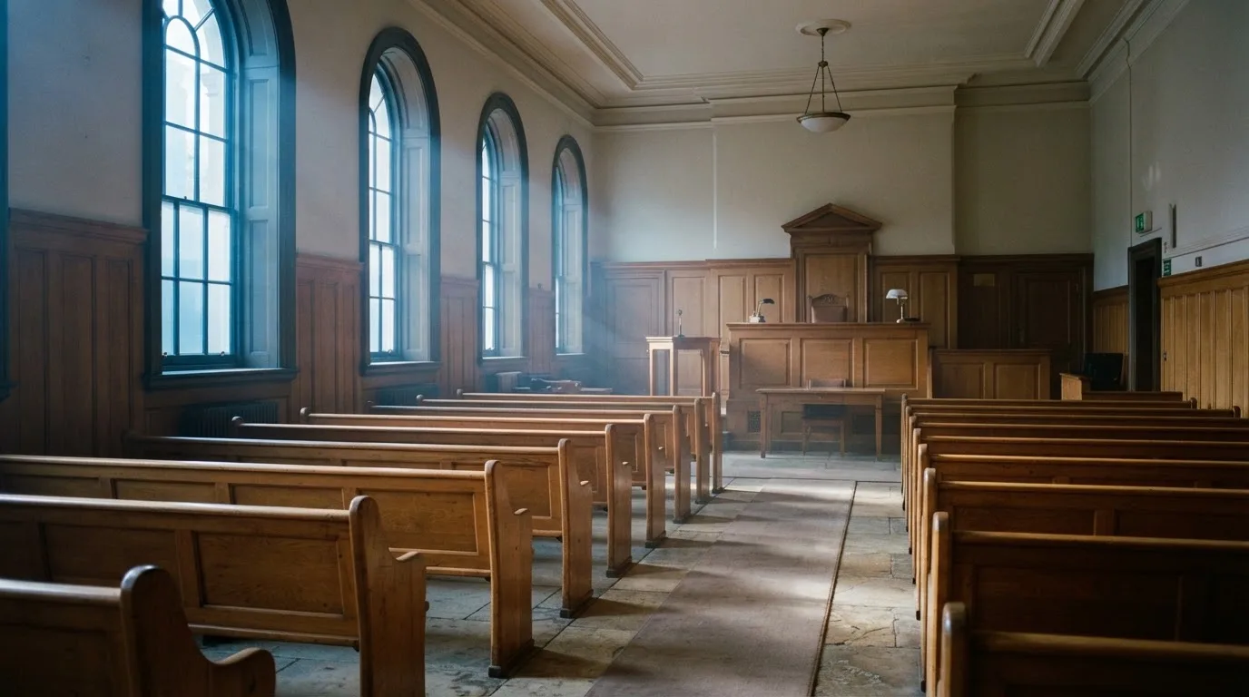 An empty courtroom with wooden benches in morning light