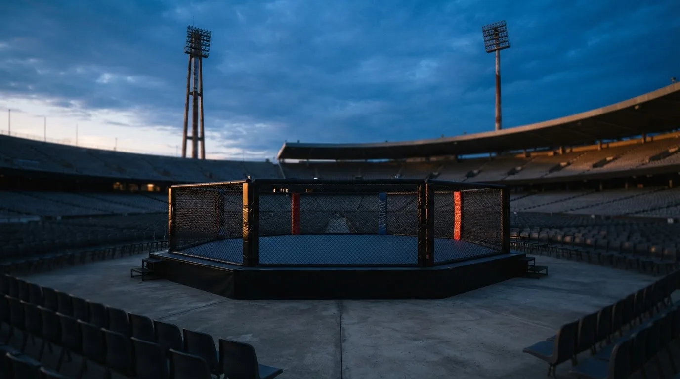 An empty football stadium with floodlight masts at dusk