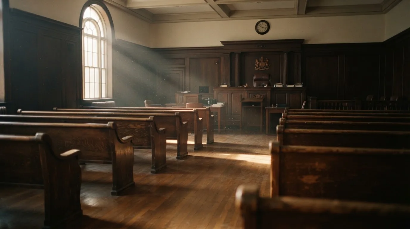 An empty courtroom with wooden benches in morning light