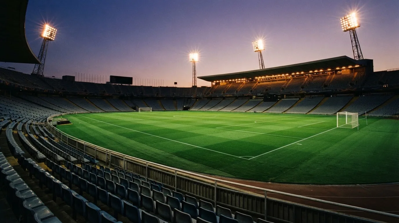 An empty football stadium with floodlight masts at dusk