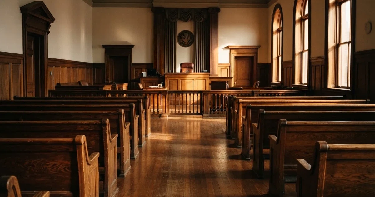 An empty courtroom with wooden benches in morning light