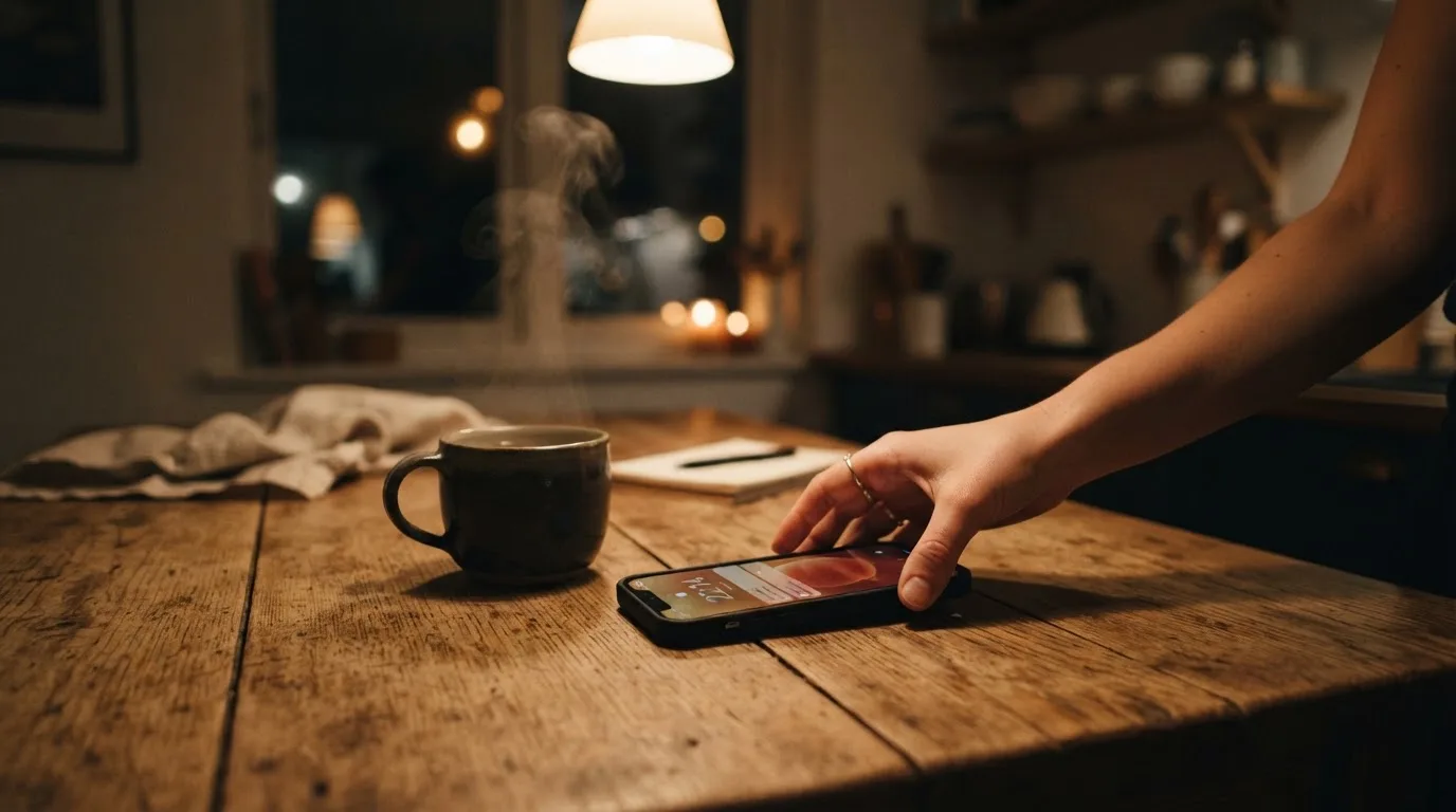 A hand setting a smartphone down beside a cup of tea on a kitchen table on a quiet evening