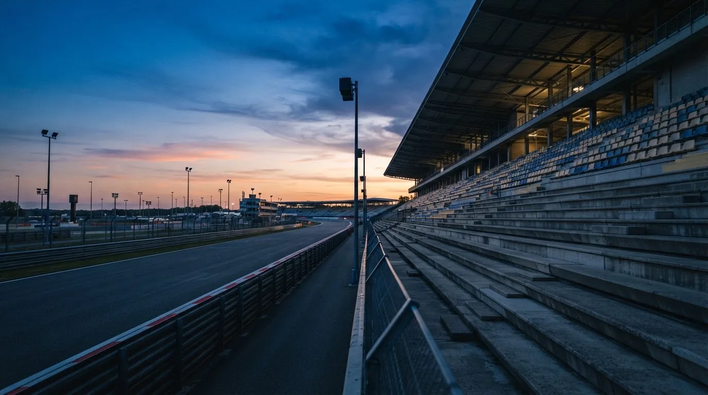 An empty football stadium with floodlight masts at dusk