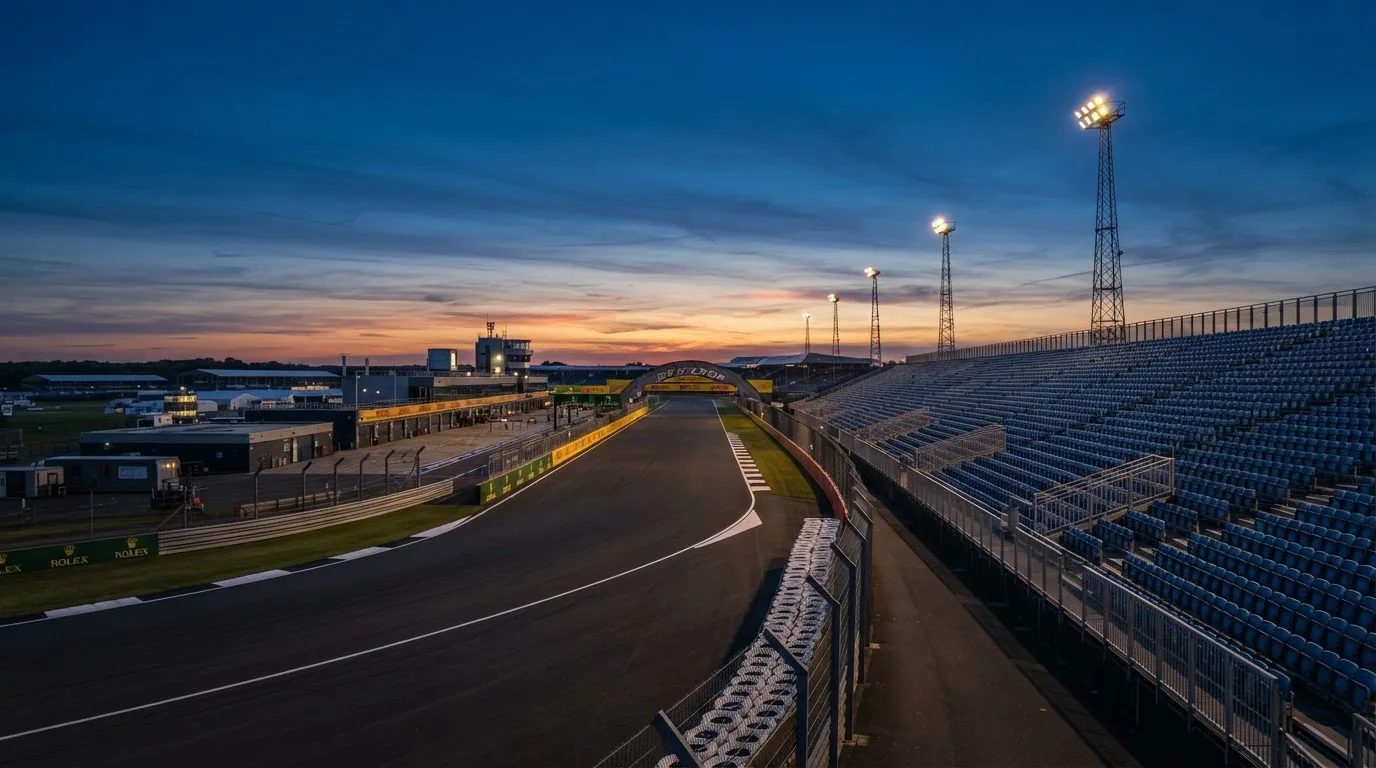 An empty football stadium with floodlight masts at dusk