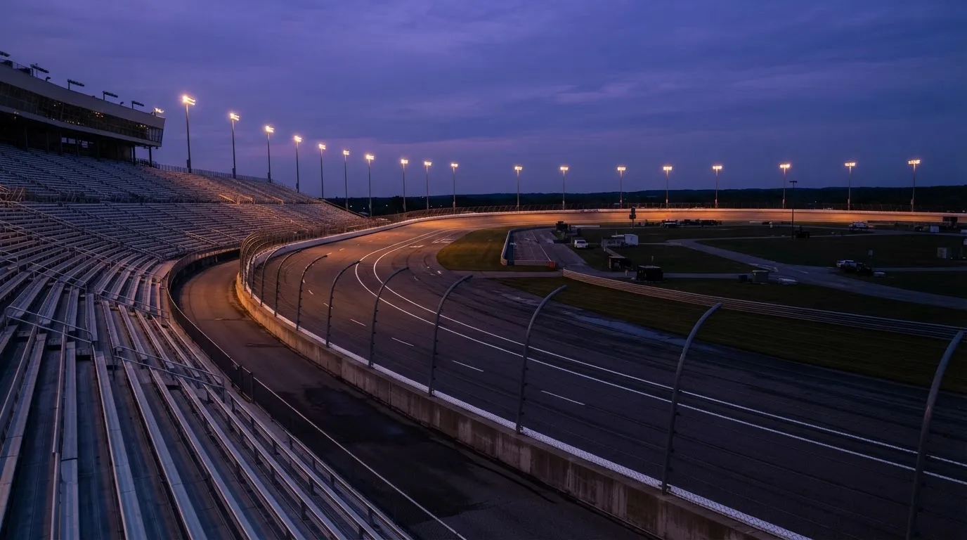 An empty football stadium with floodlight masts at dusk