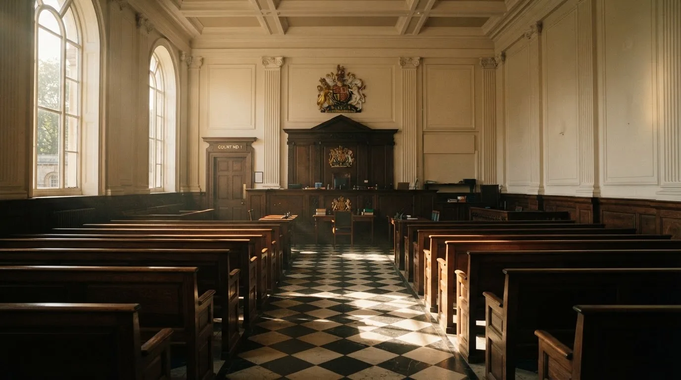 An empty courtroom with wooden benches in morning light