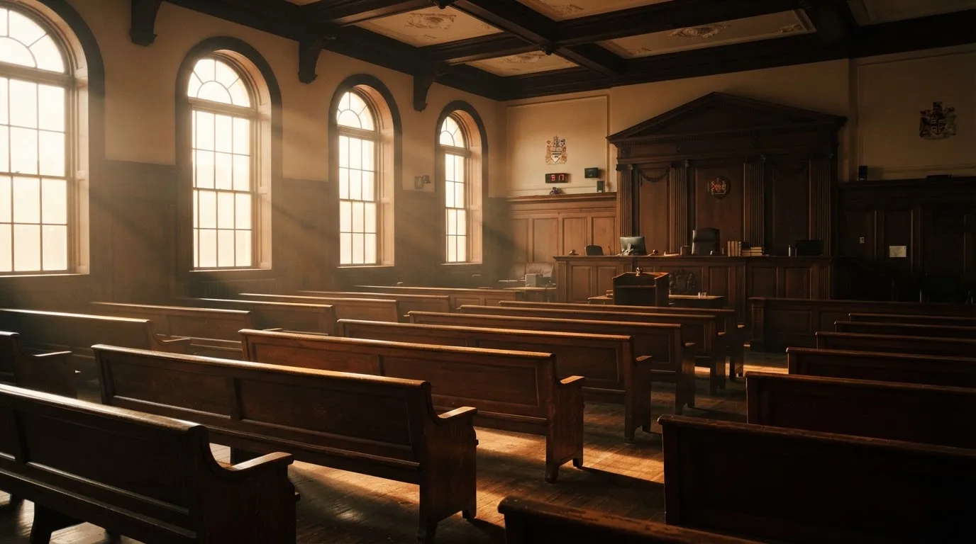 An empty courtroom with wooden benches in morning light