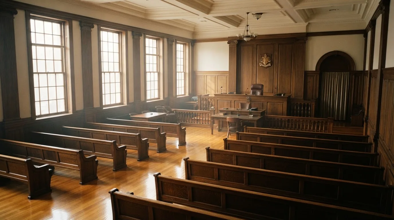 An empty courtroom with wooden benches in morning light