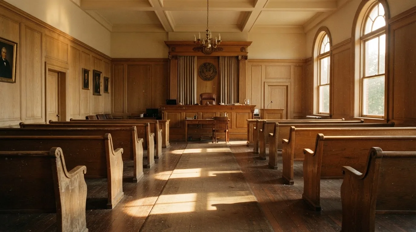 An empty courtroom with wooden benches in morning light