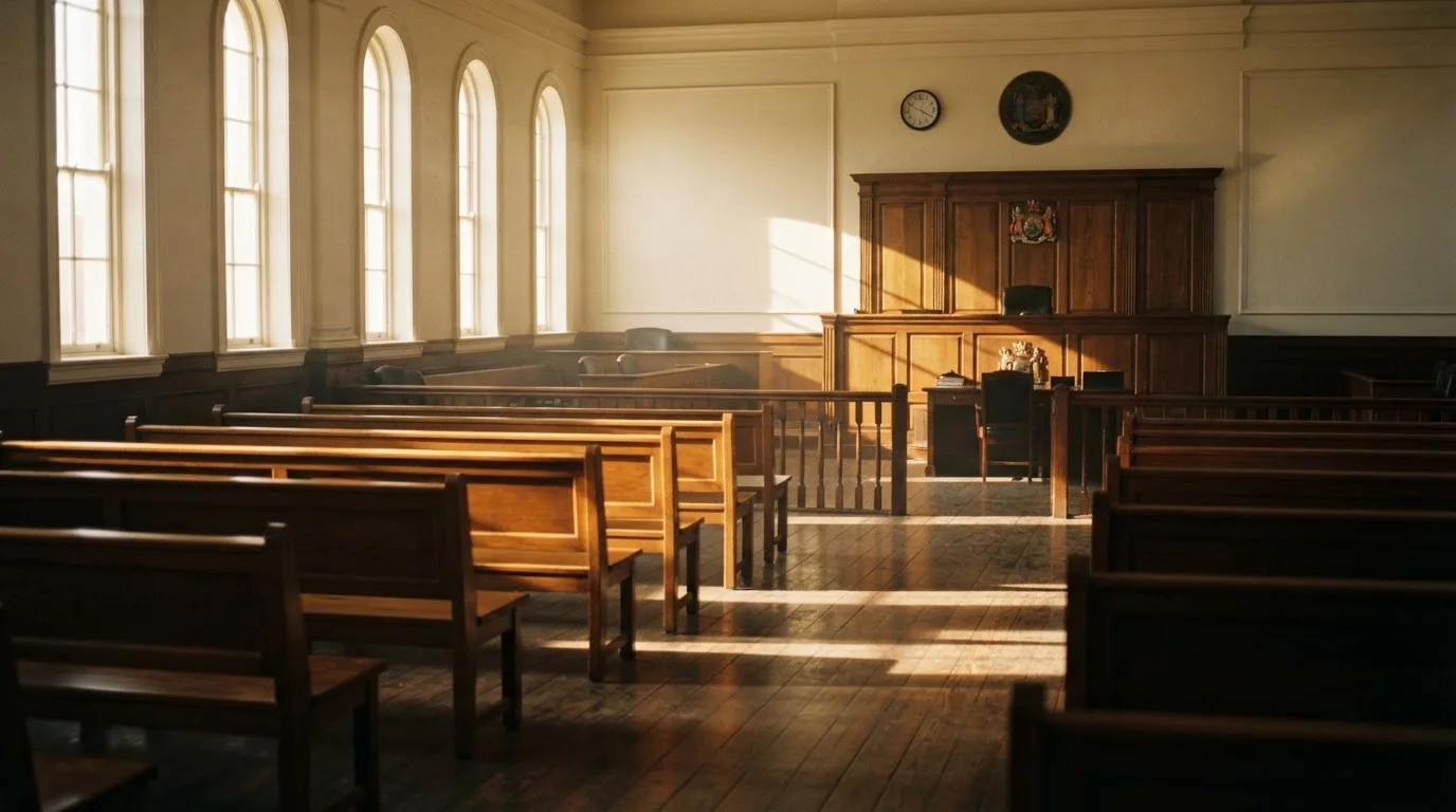 An empty courtroom with wooden benches in morning light