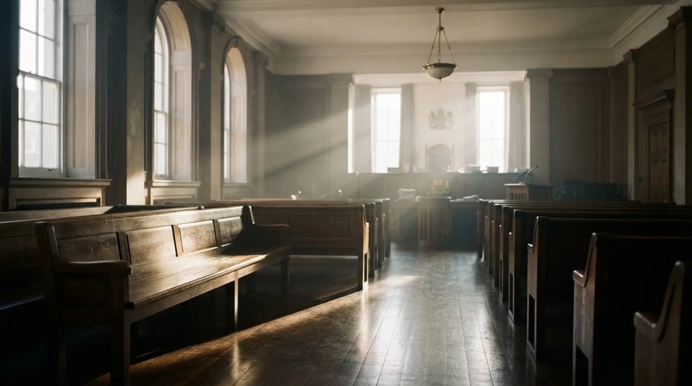 An empty courtroom with wooden benches in morning light