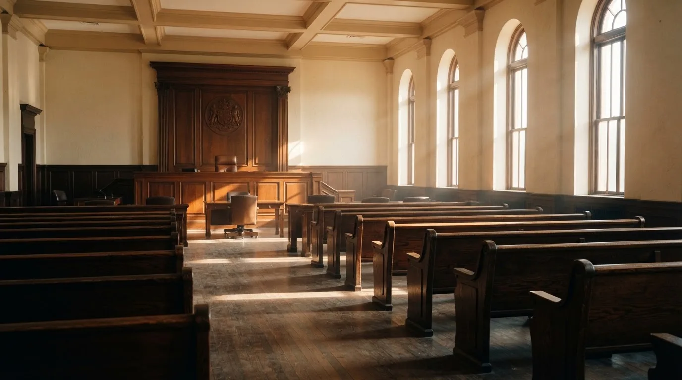 An empty courtroom with wooden benches in morning light