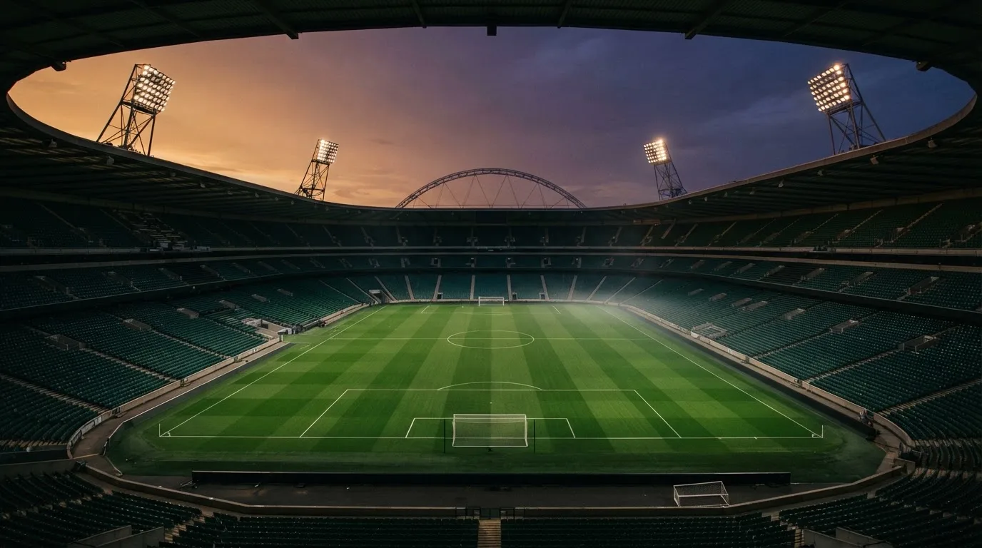 An empty football stadium with floodlight masts at dusk