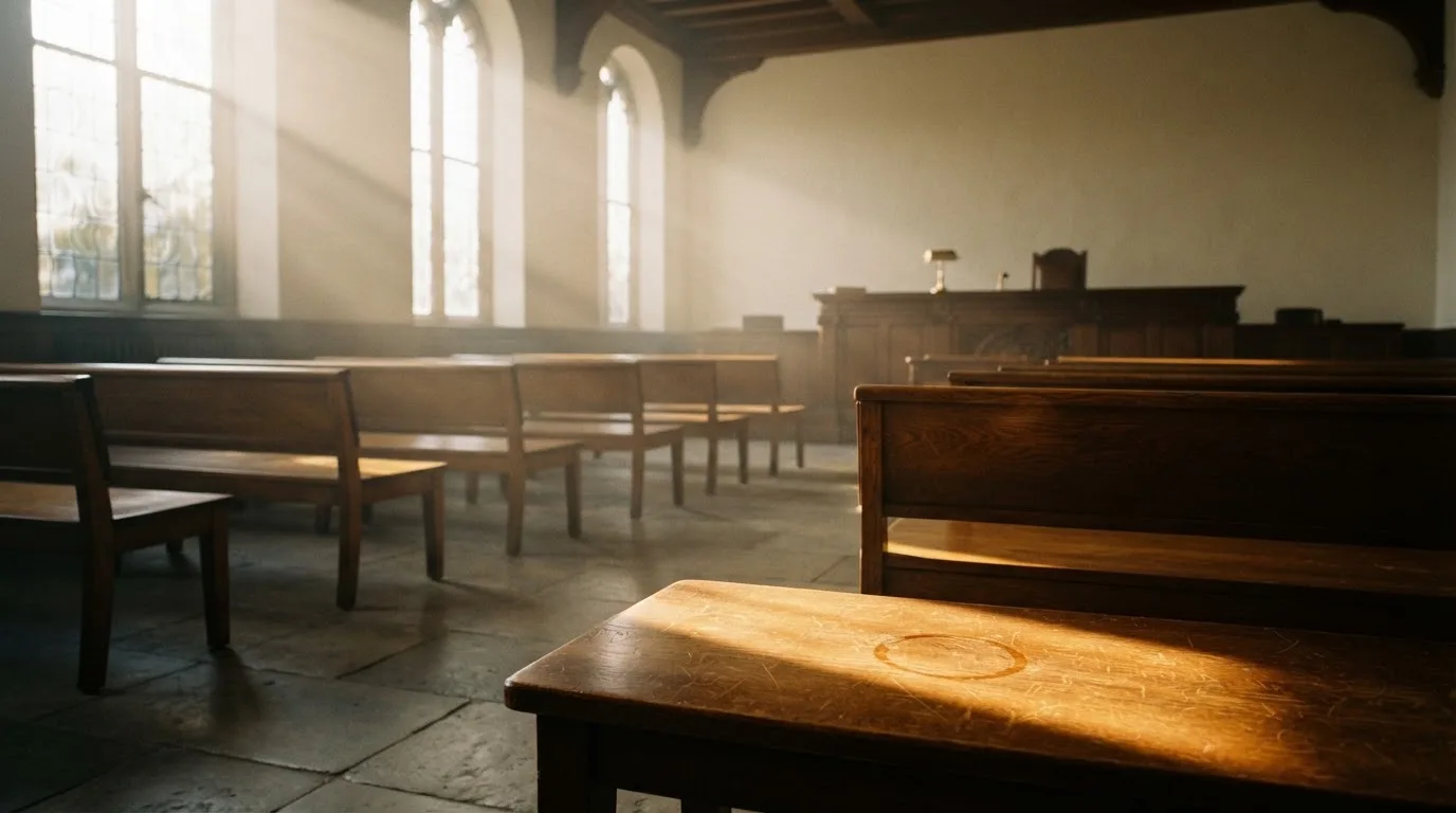 An empty courtroom with wooden benches in morning light