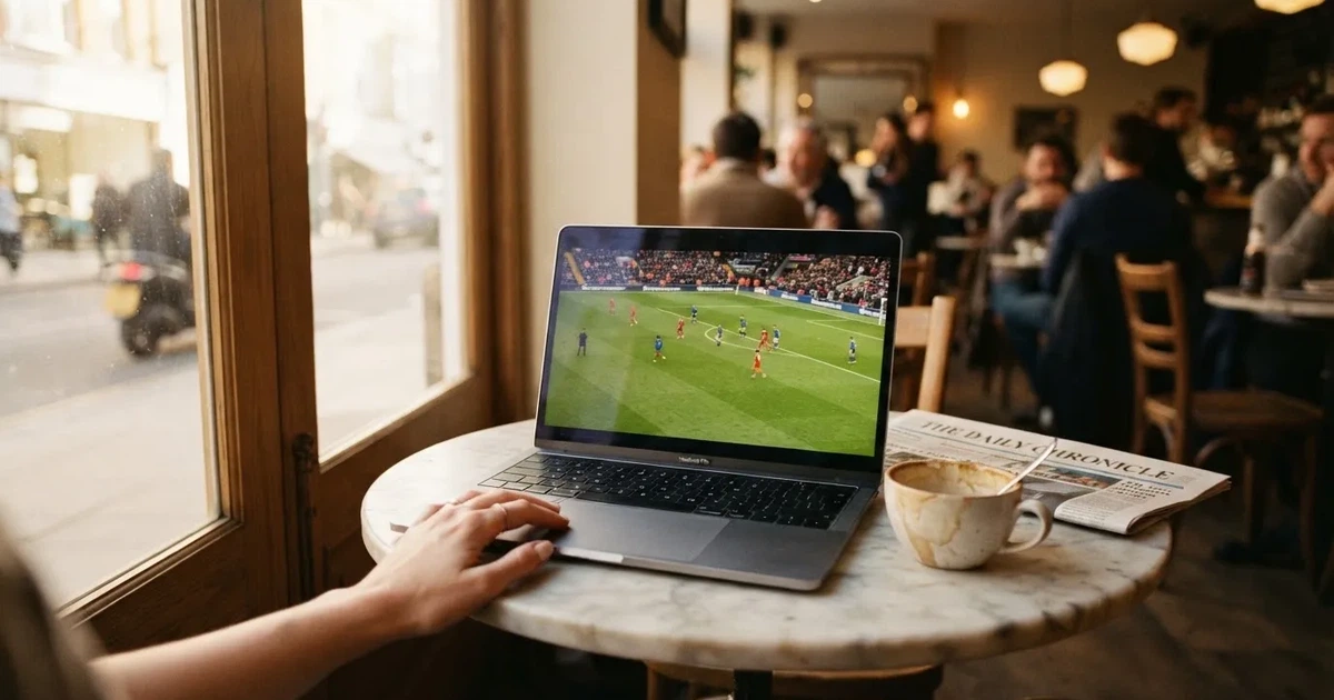 A laptop on a café table by a window onto the street