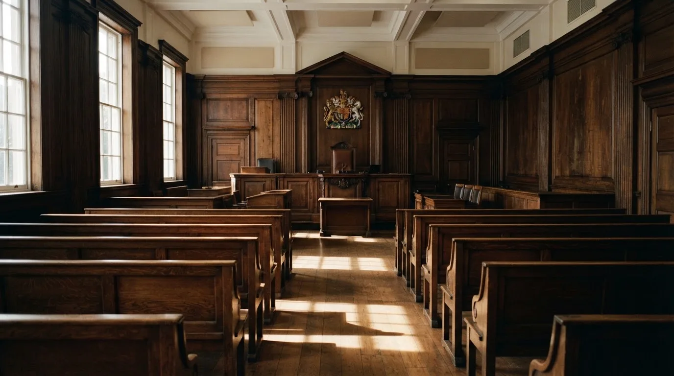 An empty courtroom with wooden benches in morning light