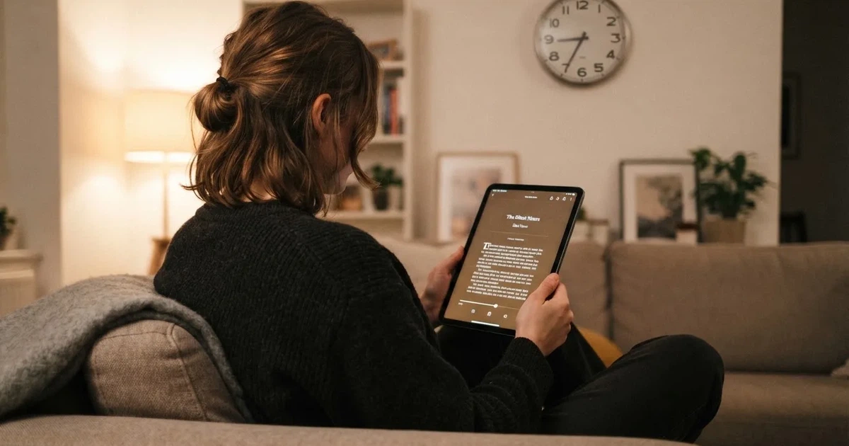 A person on a sofa looking thoughtfully at a tablet, a wall clock in the background