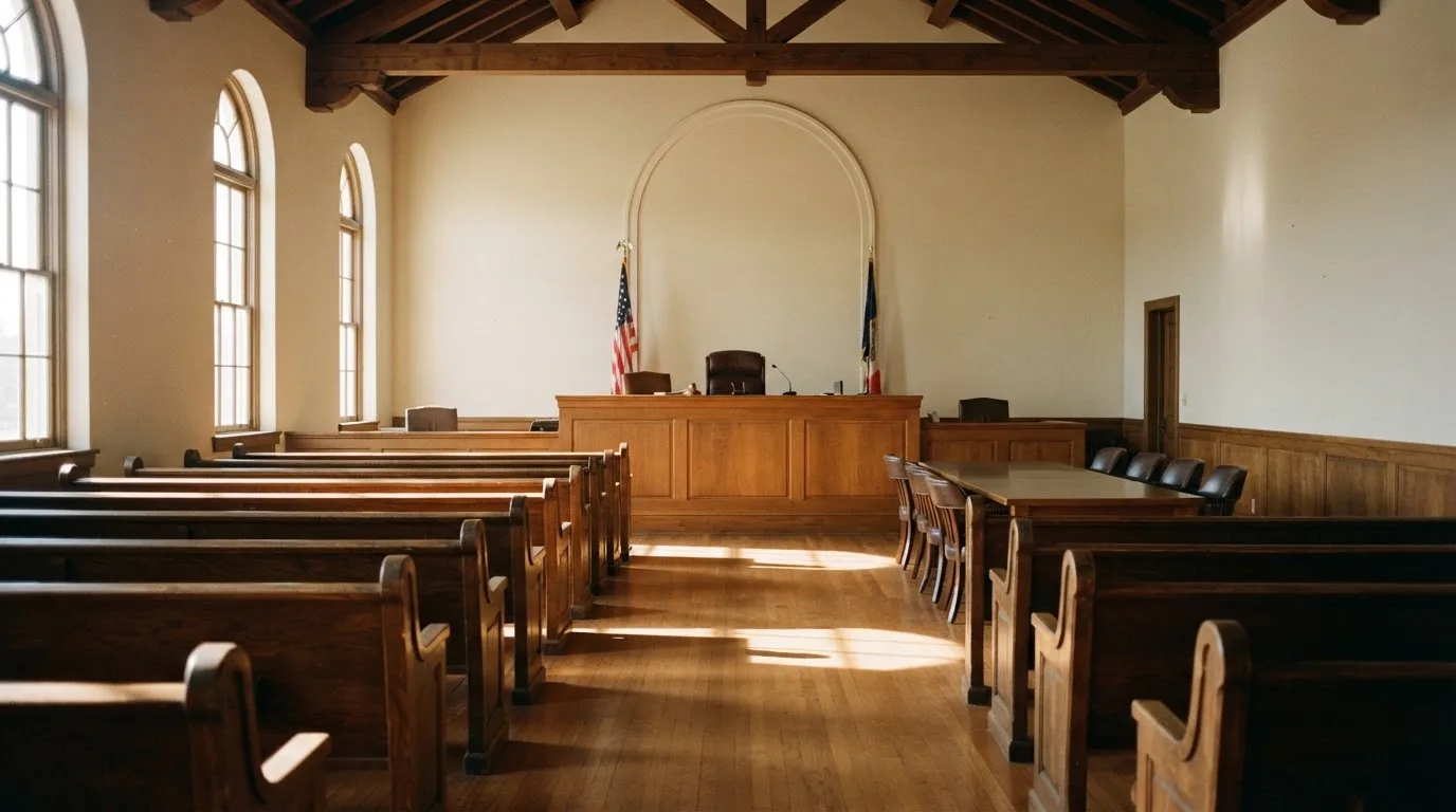 An empty courtroom with wooden benches in morning light