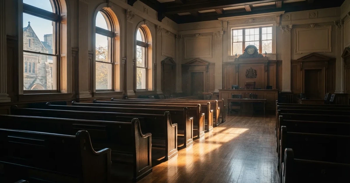 An empty courtroom with wooden benches in morning light