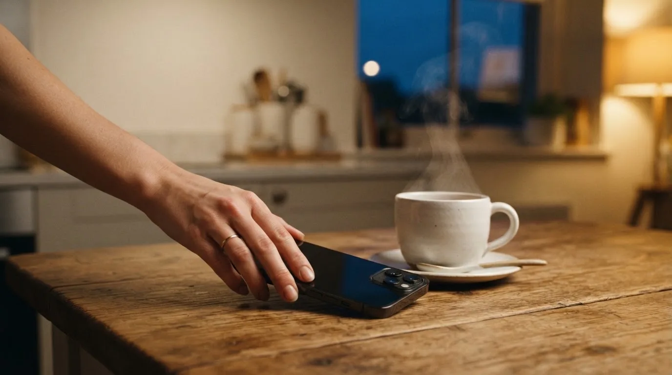 A hand setting a smartphone down beside a cup of tea on a kitchen table on a quiet evening
