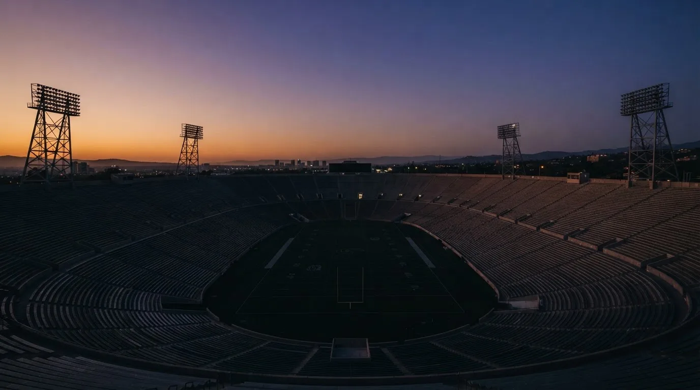 An empty football stadium with floodlight masts at dusk