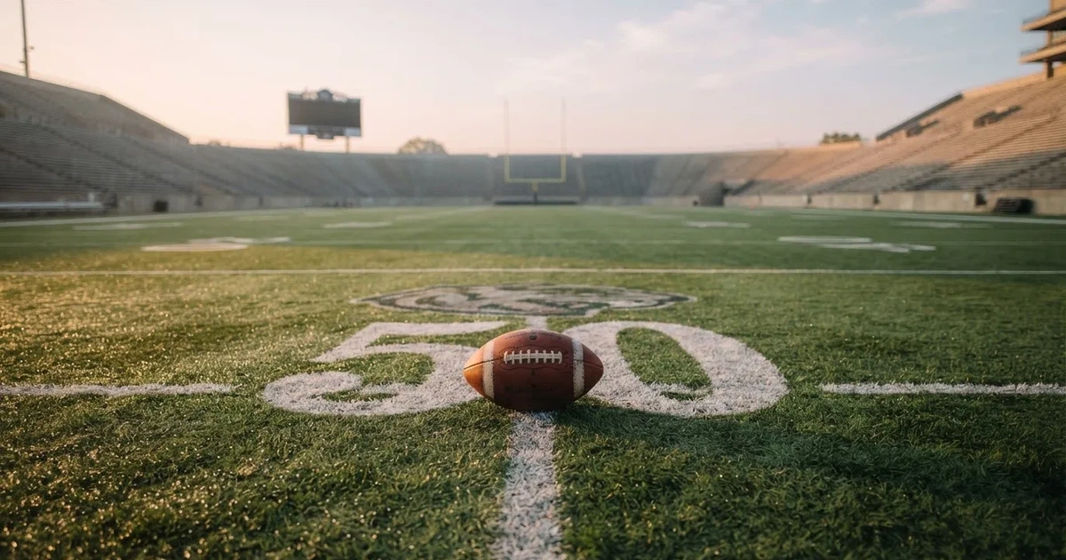 A ball on the centre spot of a grass pitch in morning light