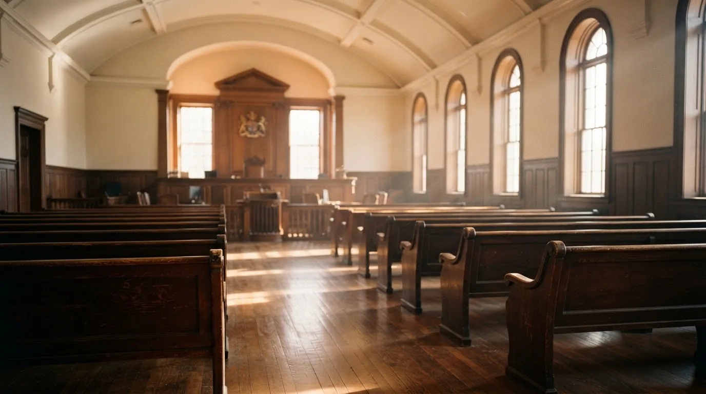 An empty courtroom with wooden benches in morning light