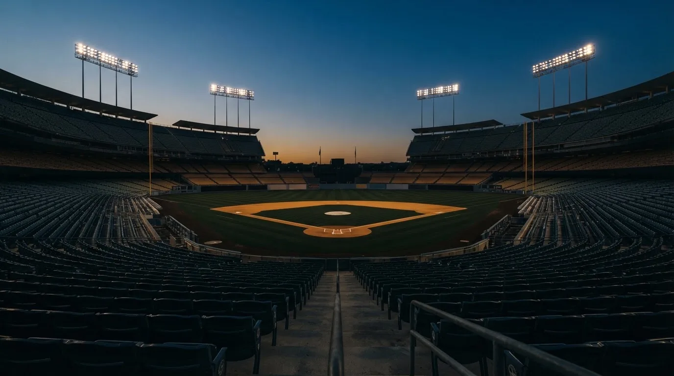 An empty football stadium with floodlight masts at dusk