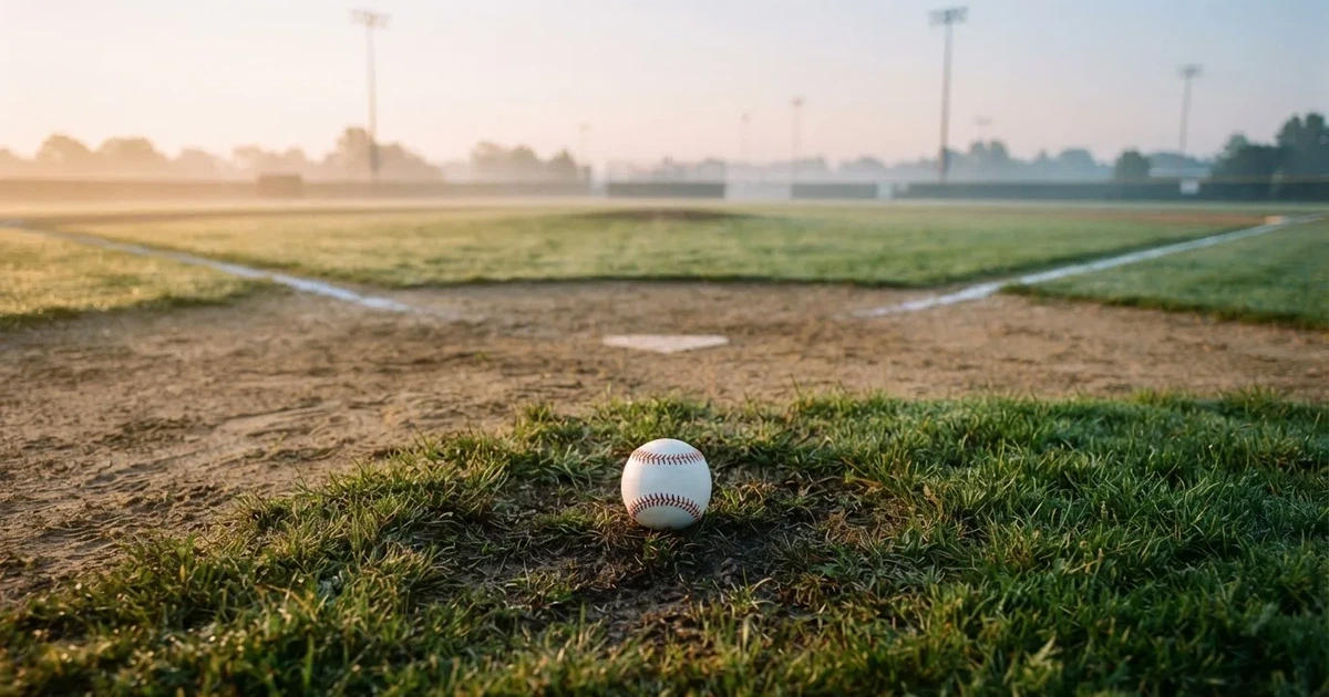 A ball on the centre spot of a grass pitch in morning light