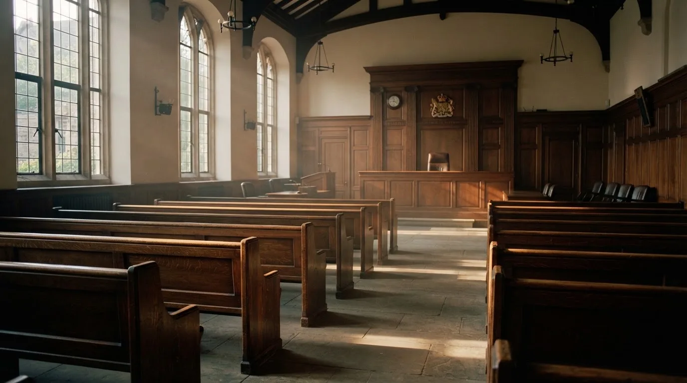 An empty courtroom with wooden benches in morning light