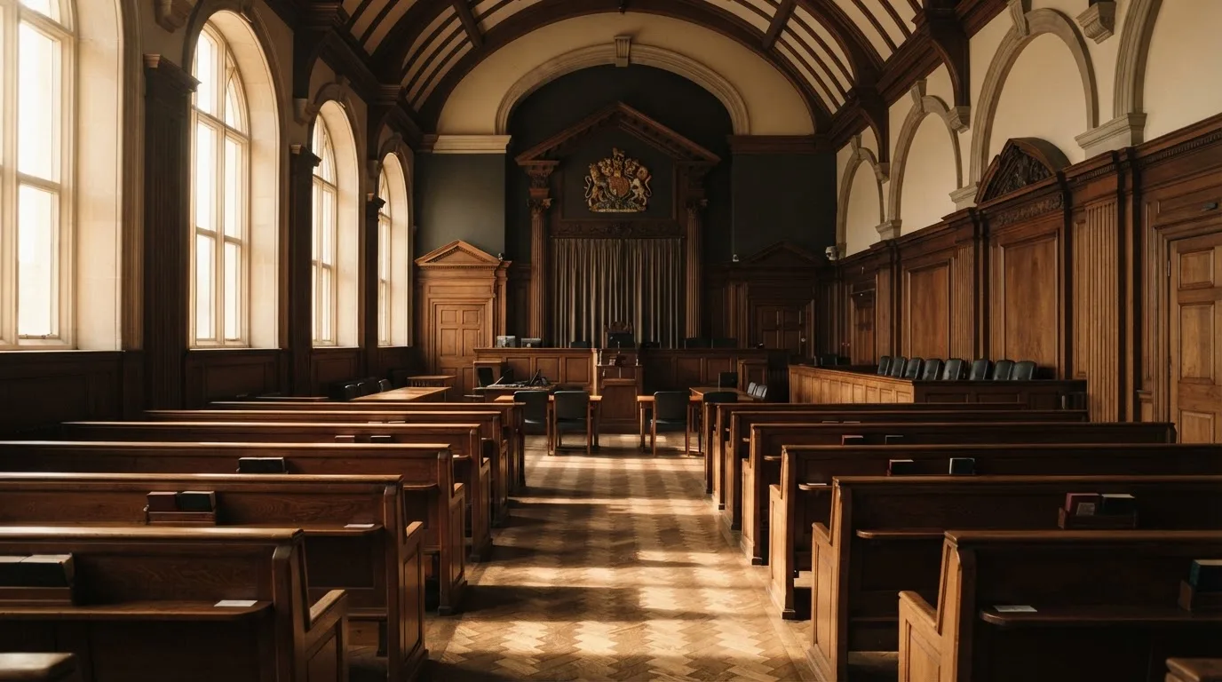 An empty courtroom with wooden benches in morning light