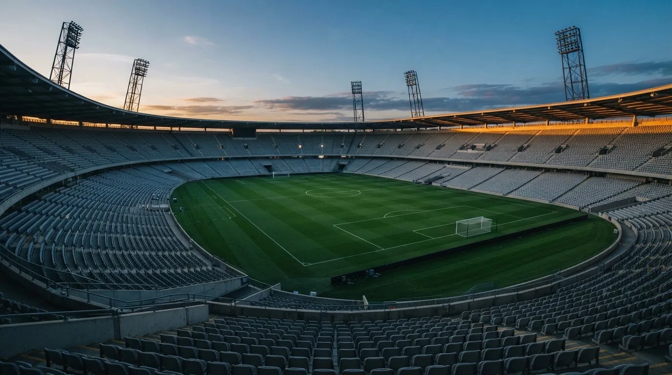 An empty football stadium with floodlight masts at dusk