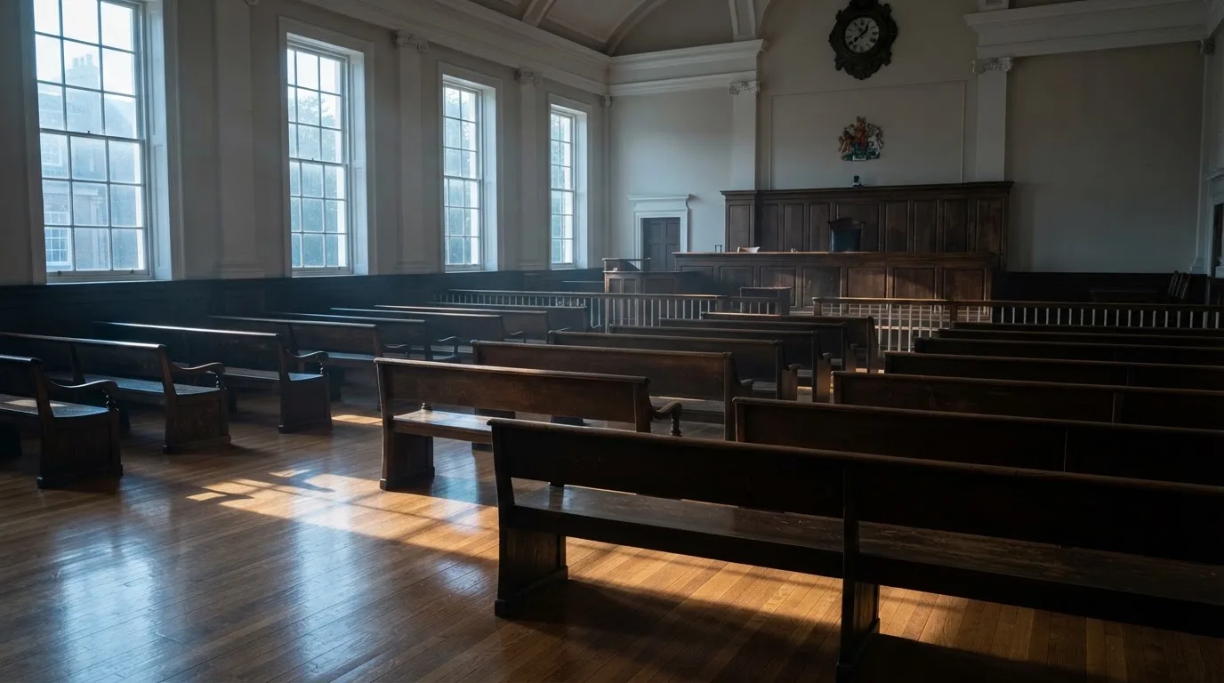 An empty courtroom with wooden benches in morning light