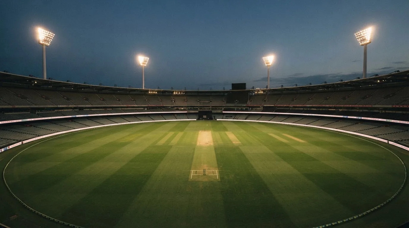 An empty football stadium with floodlight masts at dusk