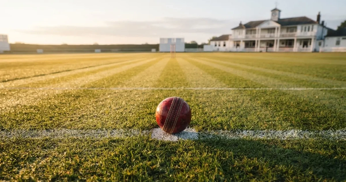 A ball on the centre spot of a grass pitch in morning light