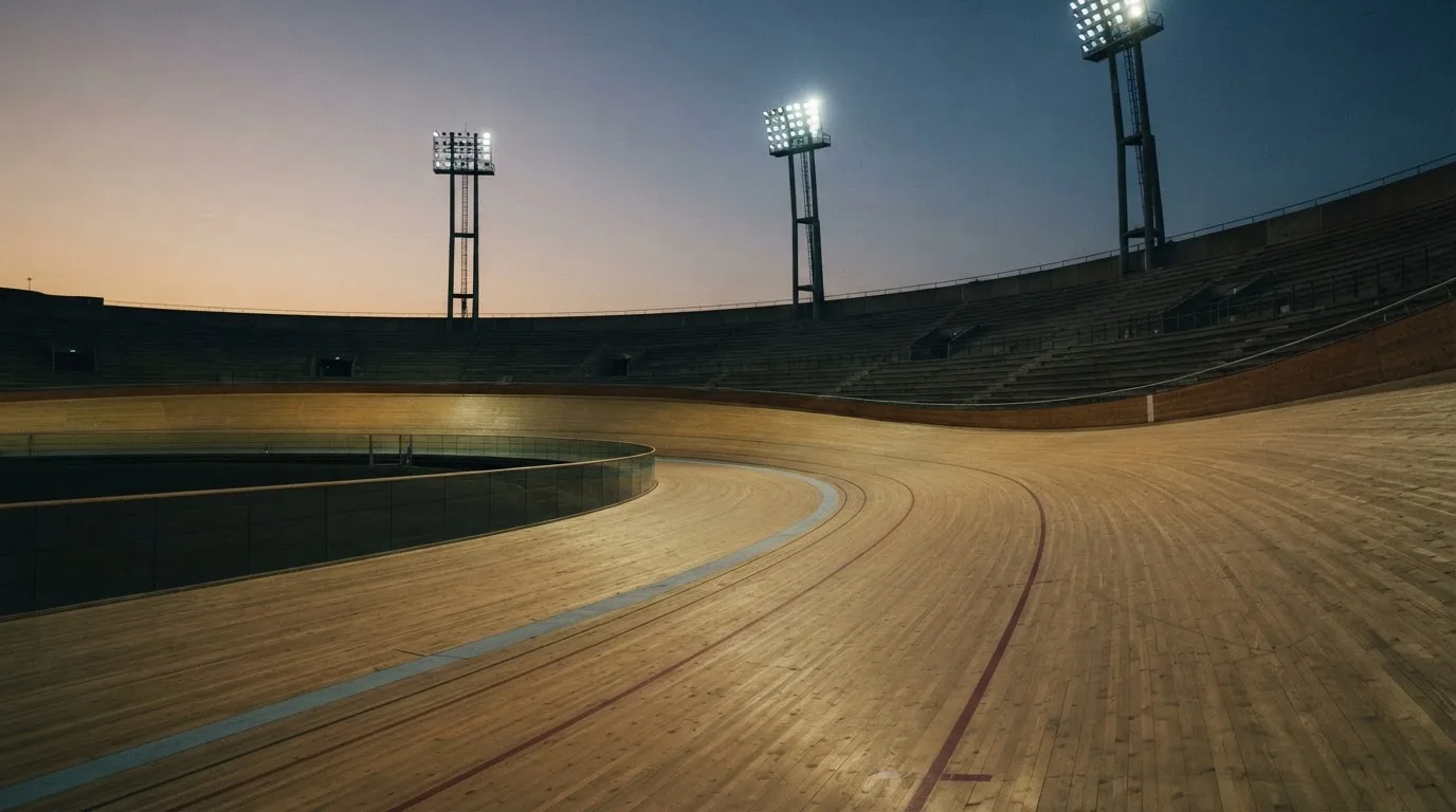 An empty football stadium with floodlight masts at dusk
